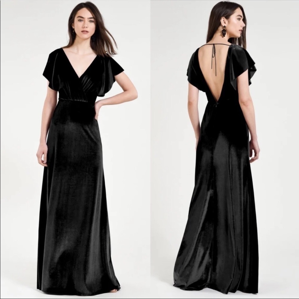 JENNY YOO Ellis Black Velvet Stretchy Long Bridesmaid Winter Wedding Gown Dress